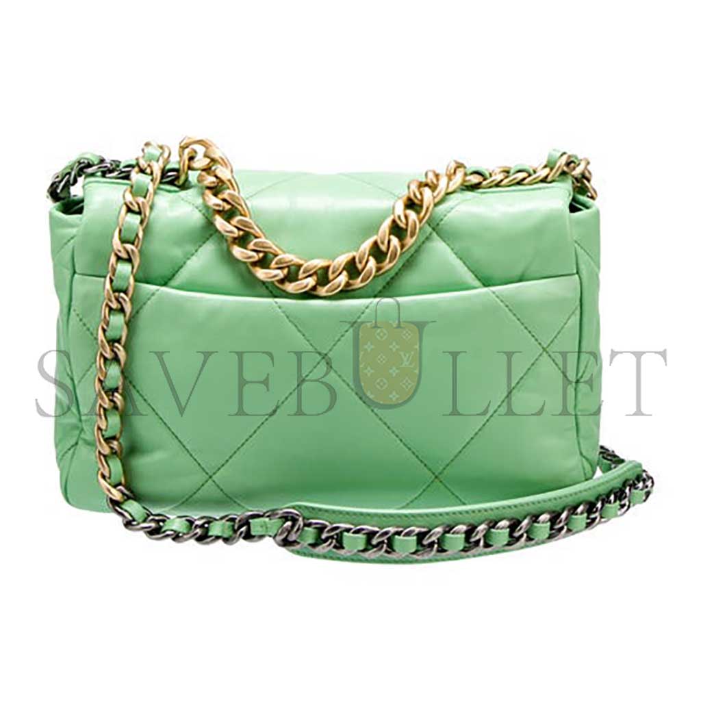 CHANEL GREEN QUILTED LAMBSKIN CHANEL 19 FLAP GOLD AND RUTHENIUM HARDWARE AS1160 (26*16*9cm)